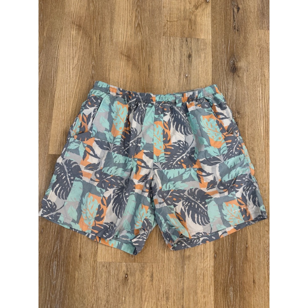 Columbia PFG Mens XL Swim‎ Trunks Tropical Monstera Leaf Print Teal Orange 7"